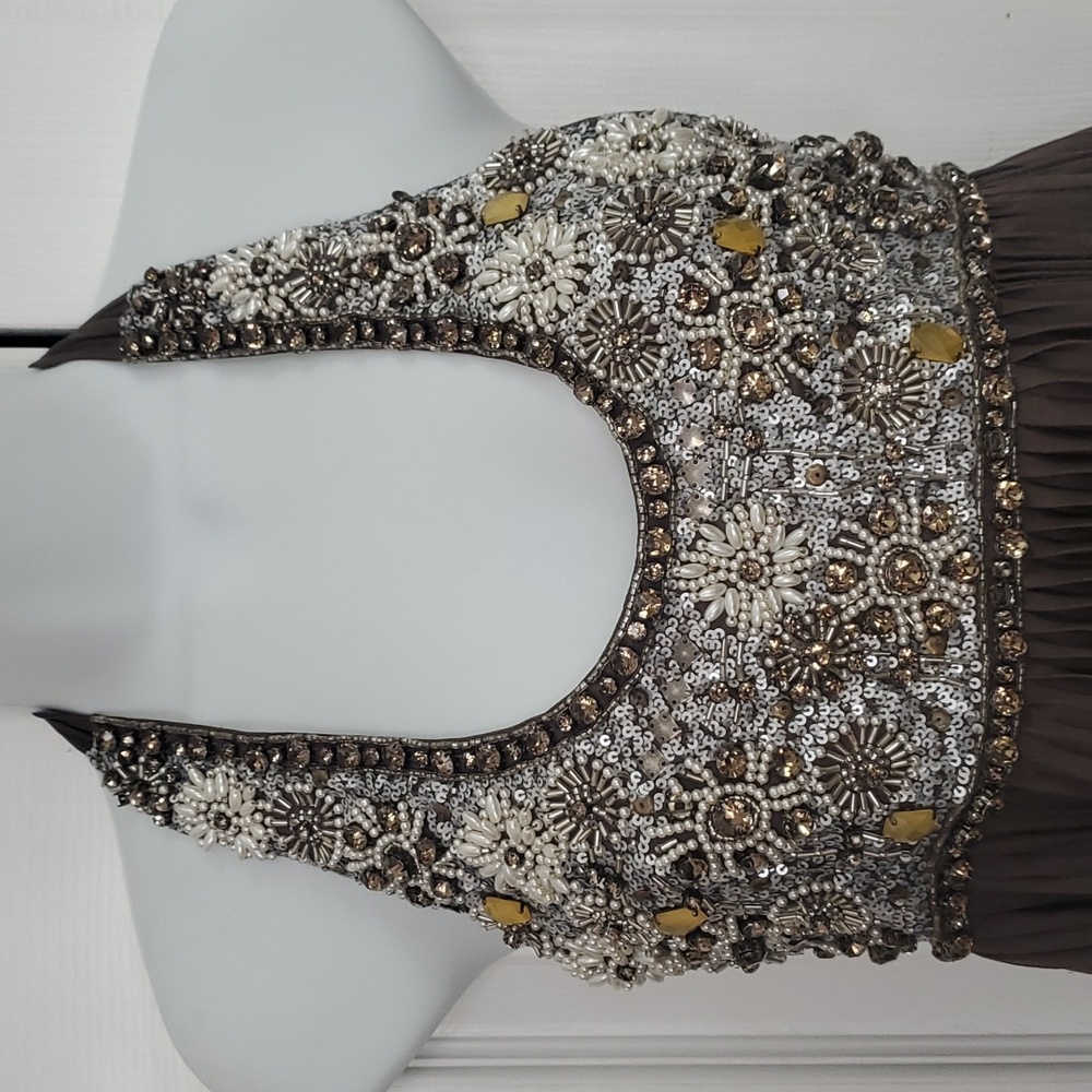 Reserved For Jaimie Alice + Olivia | Silk Taupe Backless Halterneck Beaded Dress - Picture 4 of 10